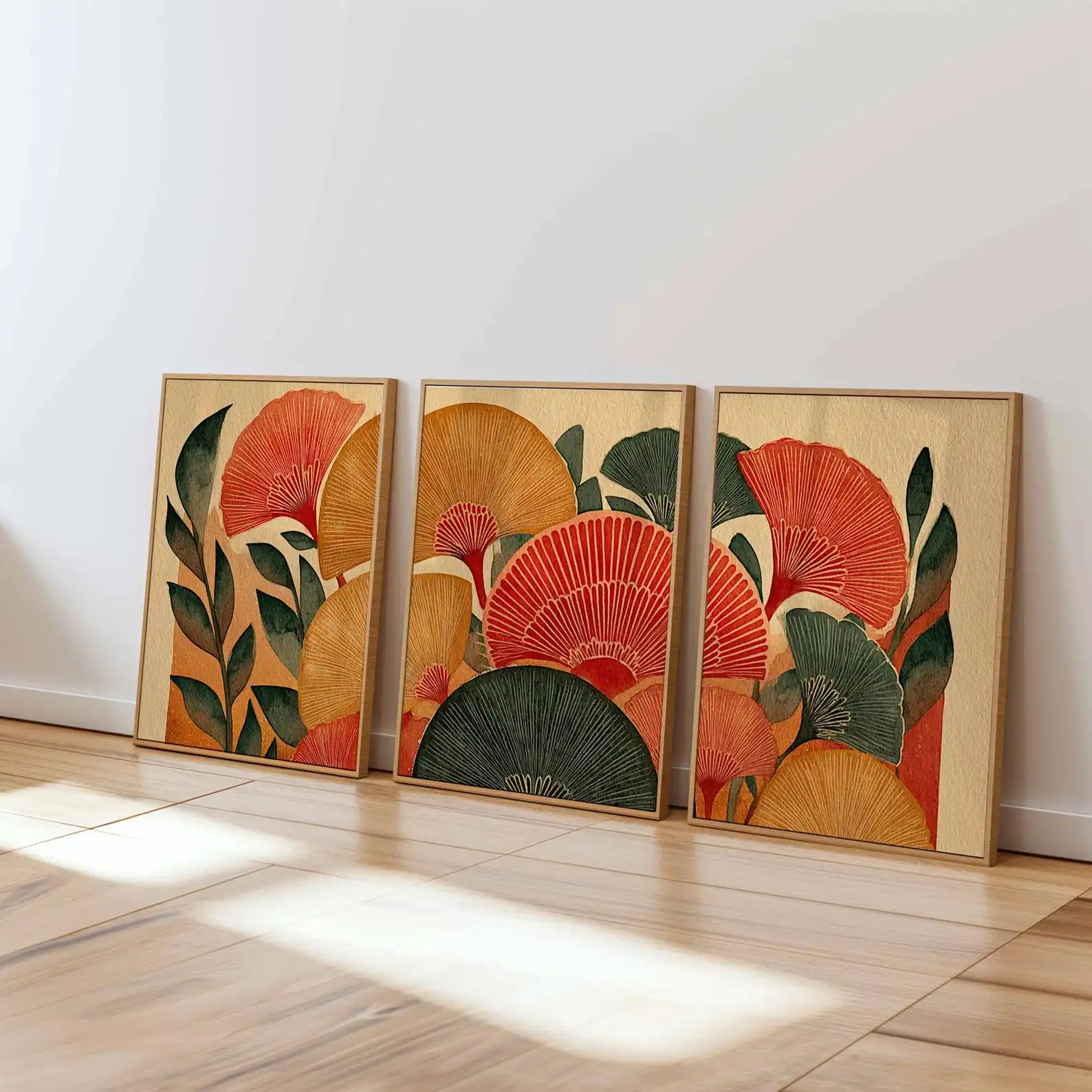 Retro Floral Wall Art Set of 3, Mid Century Modern Botanical Prints, Warm Earth Tone Flower Art for Living Room or Bedroom Decor