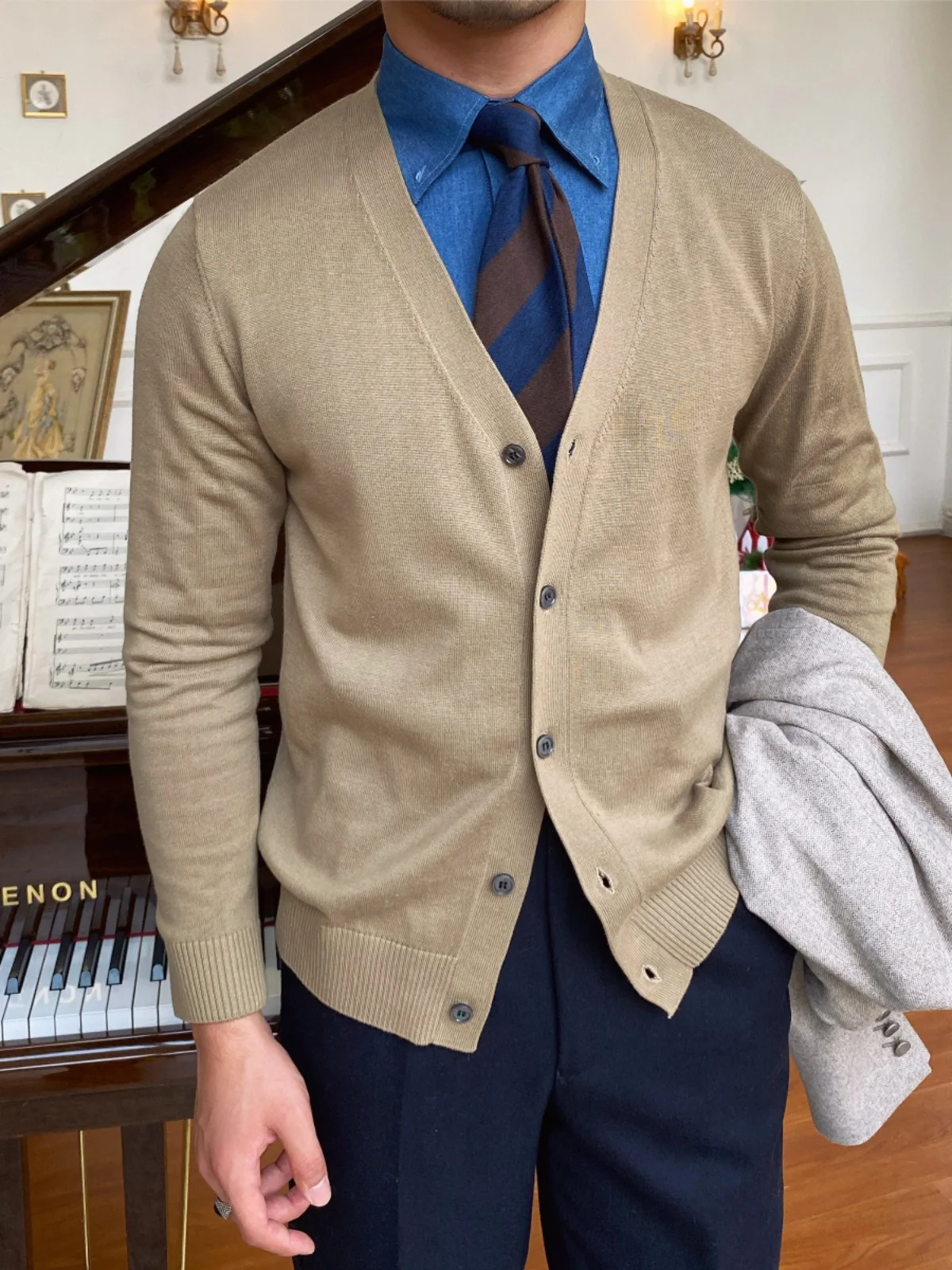 High-End Autumn Korean Style Men's Woven Coat Everyday Warm Cardigan British Sweater Fashion