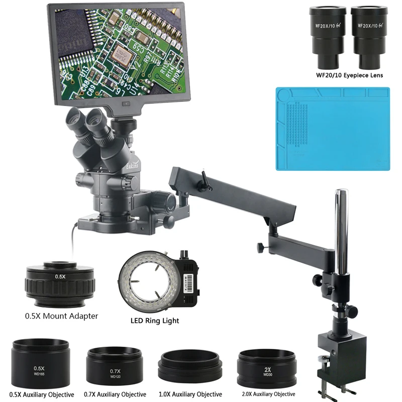 

3.5X-90X Zoom Trinocular Stereo Microscope Articulating Arm Clamp Stand 10.1"/13.3" LCD Measure Soldering Digital Camera