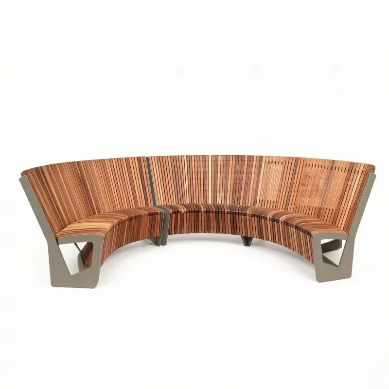 Curved Landscape Seating with Teak Slats Weatherproof Aluminum Frame Public Benches for Park Community Commercial