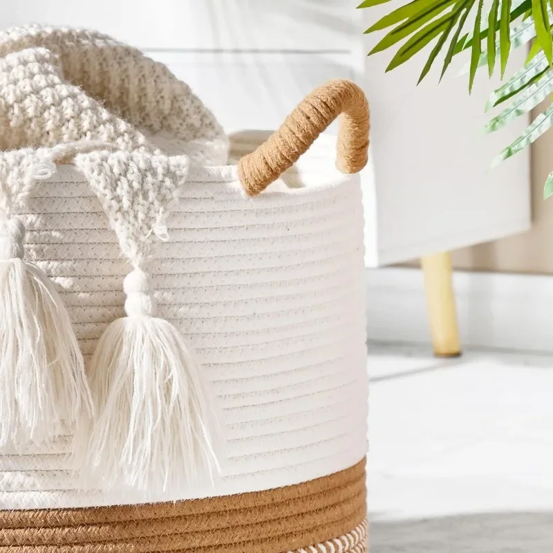 New Eco Friendly Products Cotton Rope Woven Blanket Basket for Baby Laundry Basket Cotton Rope Living Room Storage Basket