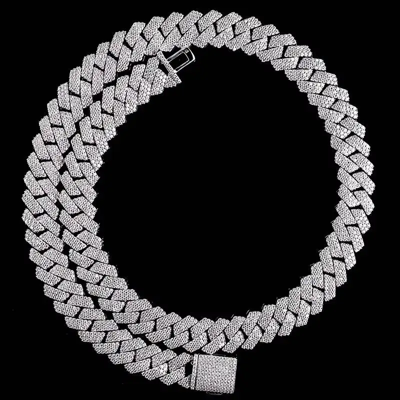 luxury Wholesale Price 3 Row Moissanite Cuban Chain Necklace 15mm Ready to Ship Sterling Silver Style for Men Style Gift Necklac