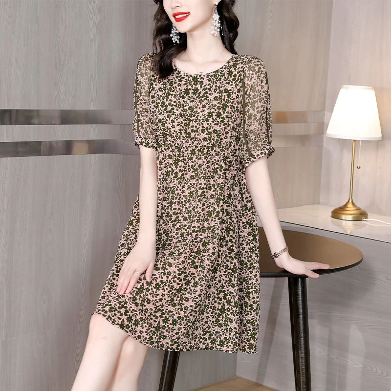 2023 New Fashion Silk Printed Mini Dress Women's Summer Versatile Round Neck Short Sleeve Loose Fit Casual Holiday Dress Vestido