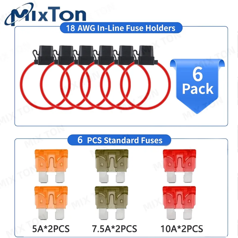 6-piece standard fuse holder 18AWG waterproof holder equipped with 6piece ATC blade fuse 5A 7.5A 10A suitable for cars and ships