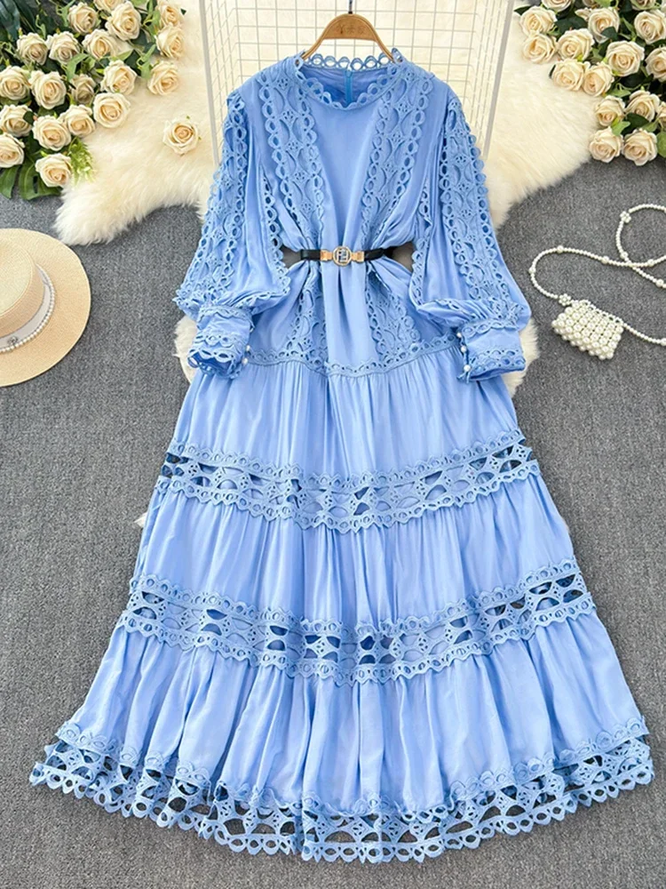 European Korean Long Party Dress for Spring Autumn Women Hollowed Out Lace Patchwork Slim Fit Long Sleeved High-end Dress A110