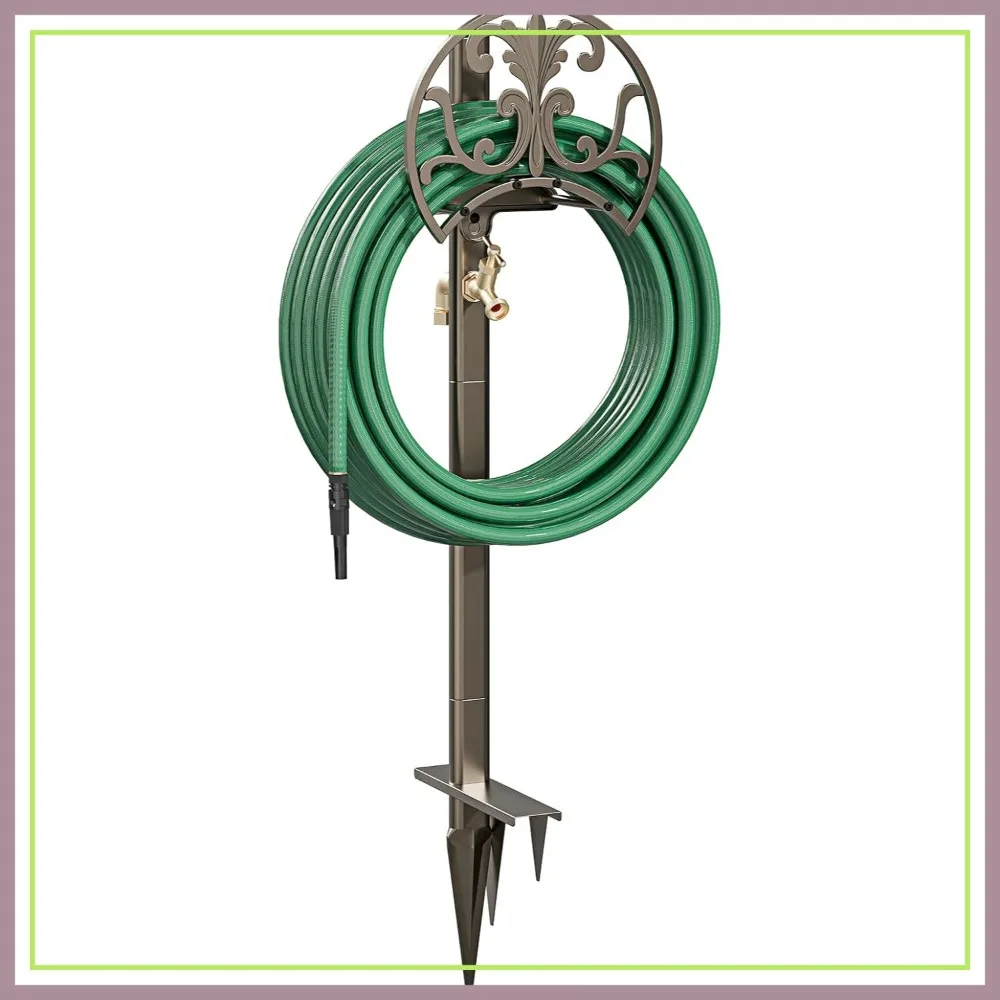 Heavy Duty Garden Hose Stand with Brass Faucet, Freestanding Metal Holder for 150-Ft Hose, Patio Lawn Storage