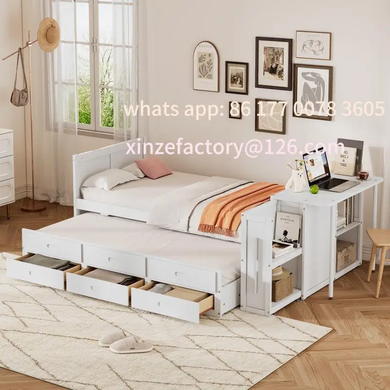 

Customizable Twin Multifunctional Wood Platform Bed with Desk, Storage Shelf, Built-in Trundle, and 3 Drawers, White Finish