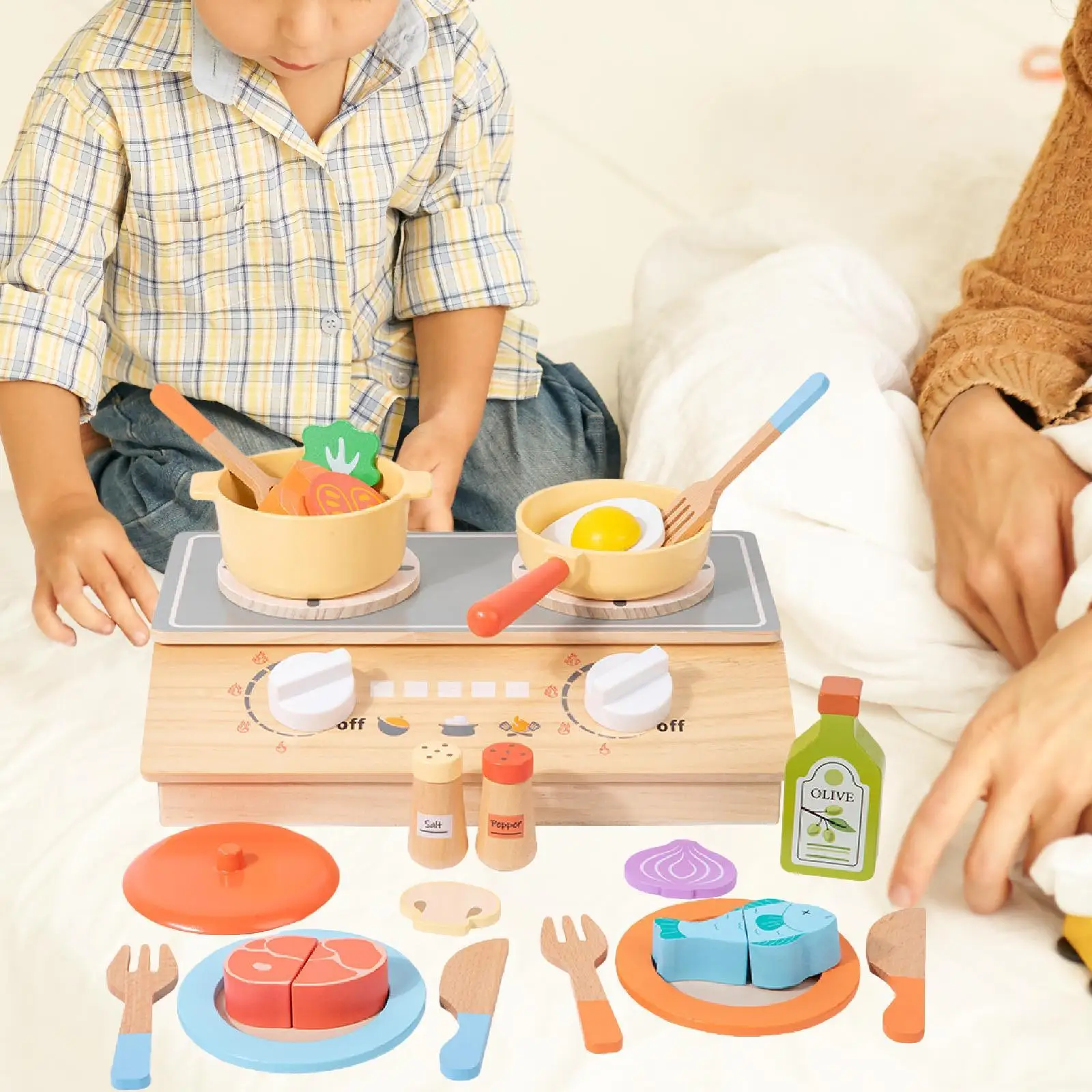 Pretend Play Kitchen Set Reusable Home Kids Wooden Playset Cooking Utensils Toys for Birthday Classroom Easter Party Boys Girls