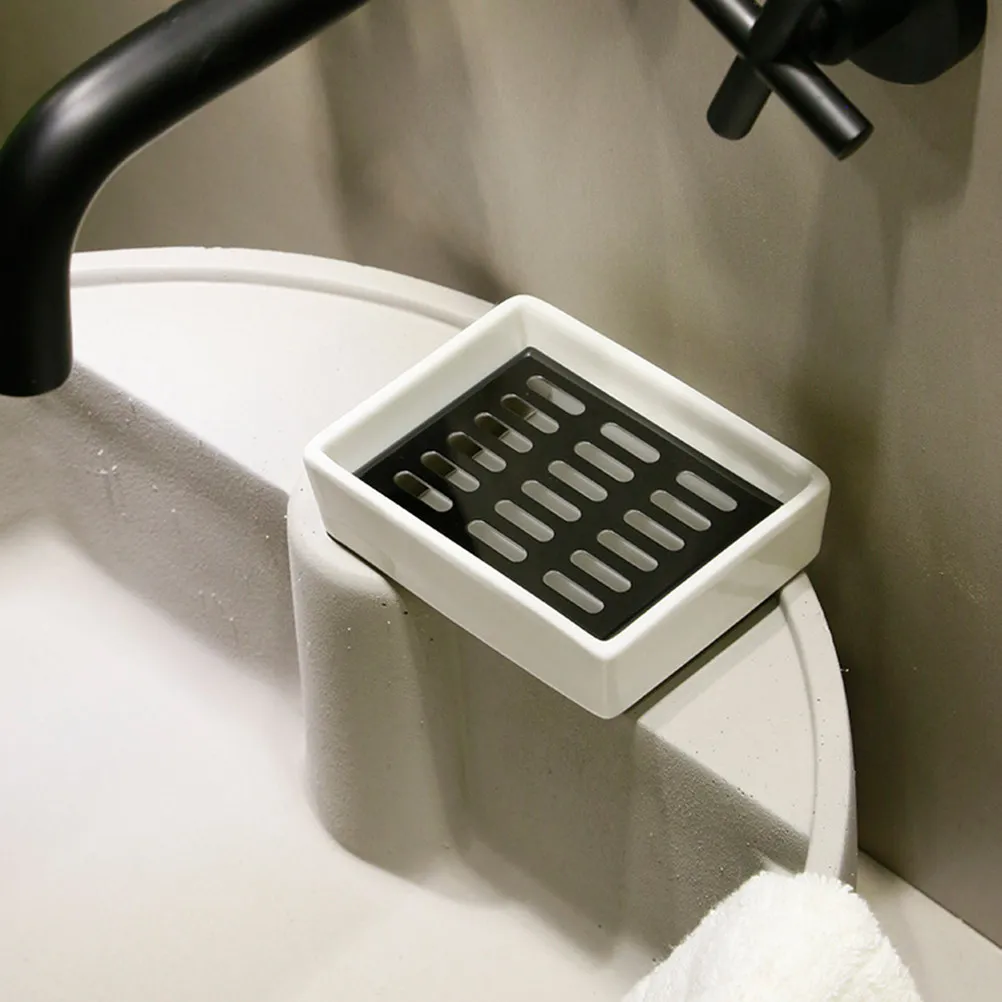 1Pcs Elegant Double Layer Soap Rack Stainless Steel Frame White Ceramic Base Water Drainage Soap Container for Bathroom Kitchen