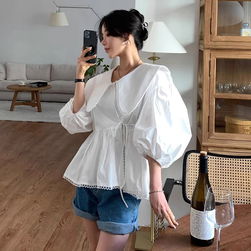 

Chic Spring Gentle Anti-Aging Doll Collar Splice Lace Tie Waist Seven Sve Doll irt Women's Faion Korean Sle Loose Fit