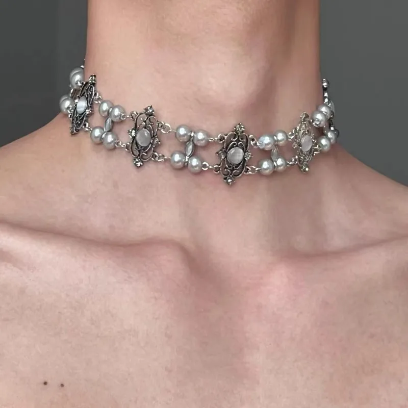 New Vintage Necklace Double-Deck Pearl Tiger-Eye Luxury Court Style Unisex Choker for Women Men Couple Jewelry
