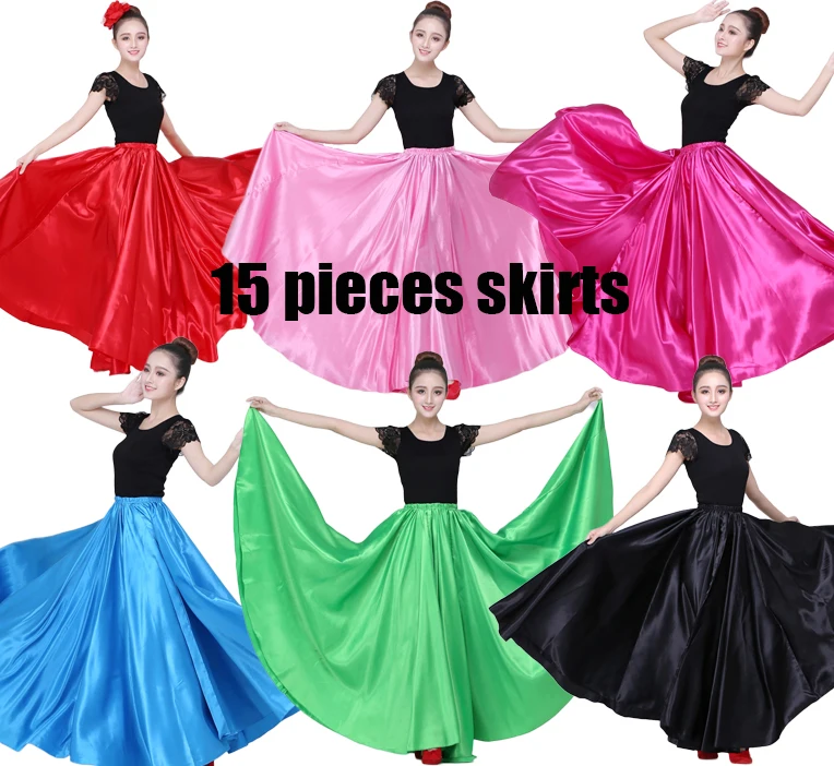 

15 Pieces Satin Skirt Belly Dance Costume Women Gypsy Skirts Dancer Practice Wear Maxi Skirt 12 Color Assorted Solid White Black