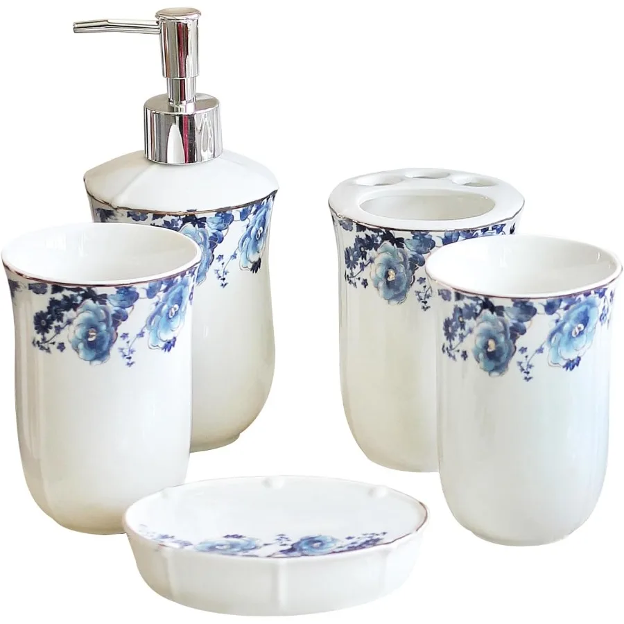 

Набор аксессуаров для ванной LE POTOCIO из 5 предметов: керамический дозатор для мыла, стакан для зубных щеток, емкость для старых зубных щеток, дозатор для мыла или емкость для туалетных принадлежностей.