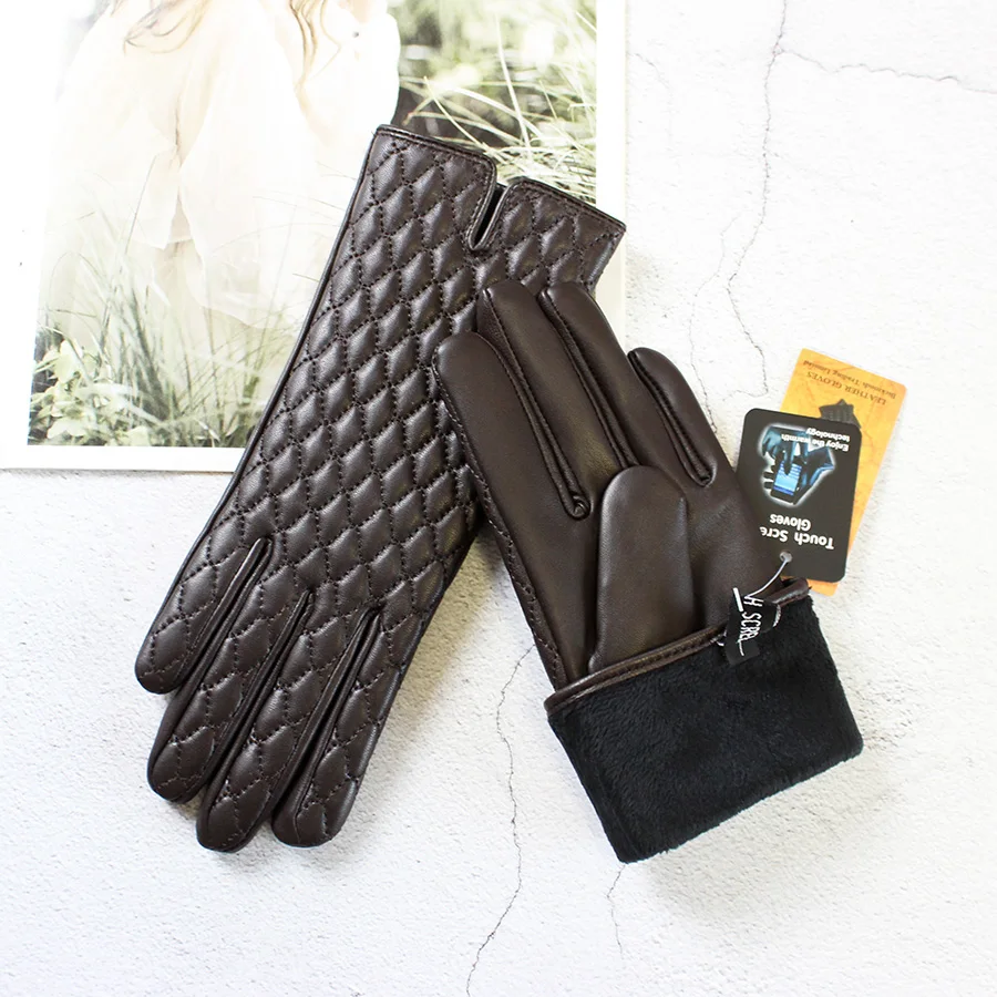 Gants en peau de mouton avec écran tactile, doublure en velours, pour femme, broderie à la mode, hiver, froid et chaud, en cuir