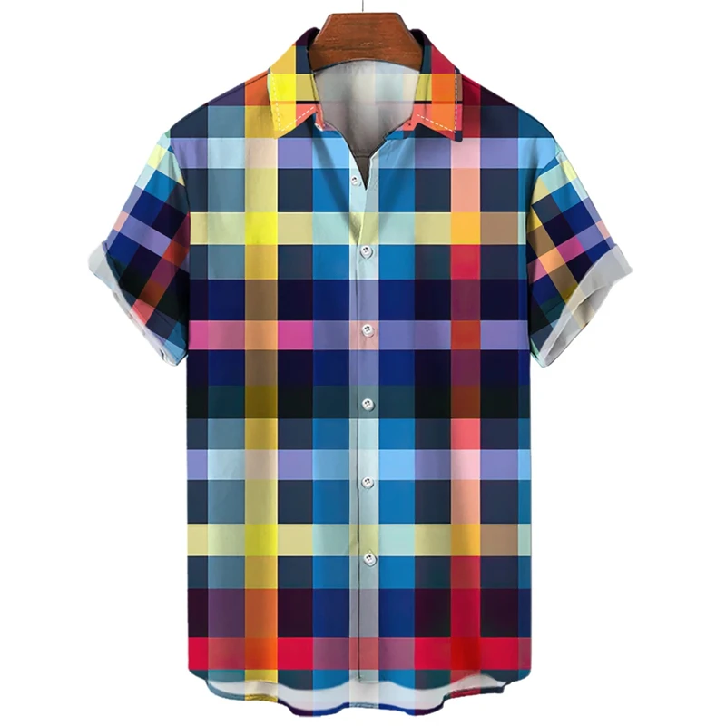 Cool Hawaiian Rainbow Colorful Plaid Shirt For Man Oversized 3d Fashion Causal Short Sleeve Simple Button Beach Clothing Summer