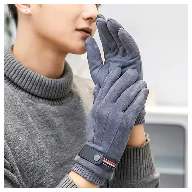 Gloves Mittens Winter Suede Riding Fishing Touch-Screen Warm Split Military Style Thickened Driving Buckle Ski Outdoor for Men