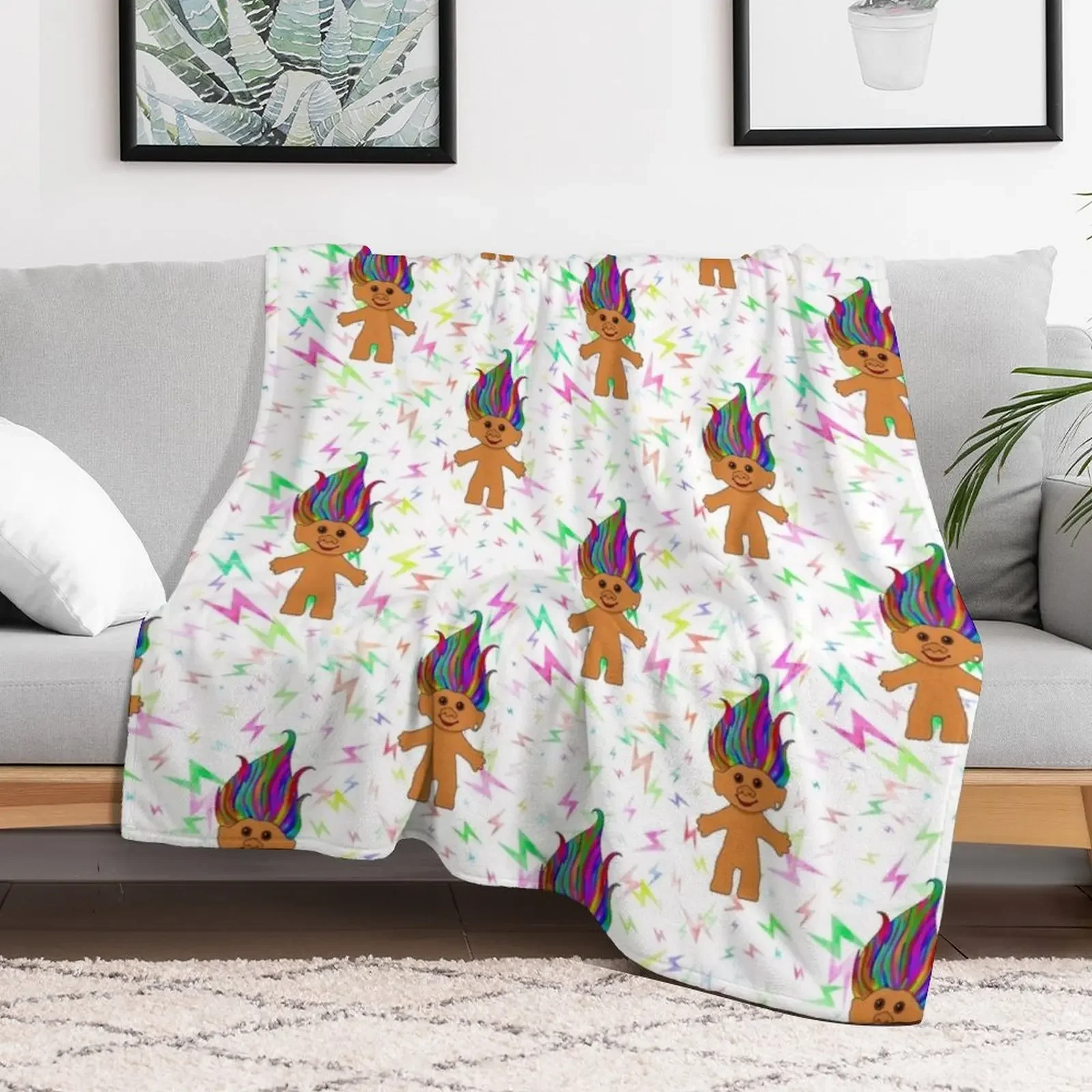 Colourful Retro Troll Doll Print for 90s Kids - Rainbow Hair Throw Blanket Stylish Decor Blanket Gift for Friends Roommate