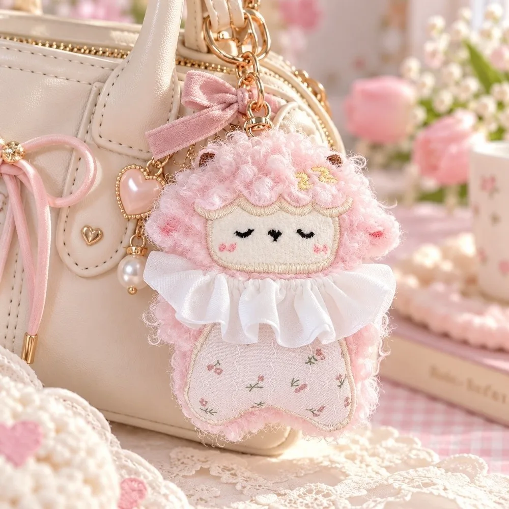 Zodiac Goat Curly-Haired Sheep Keychain Soft Stuffed Floral Mascot Lamb Key Ring Bag Charm Ruffle Collar
