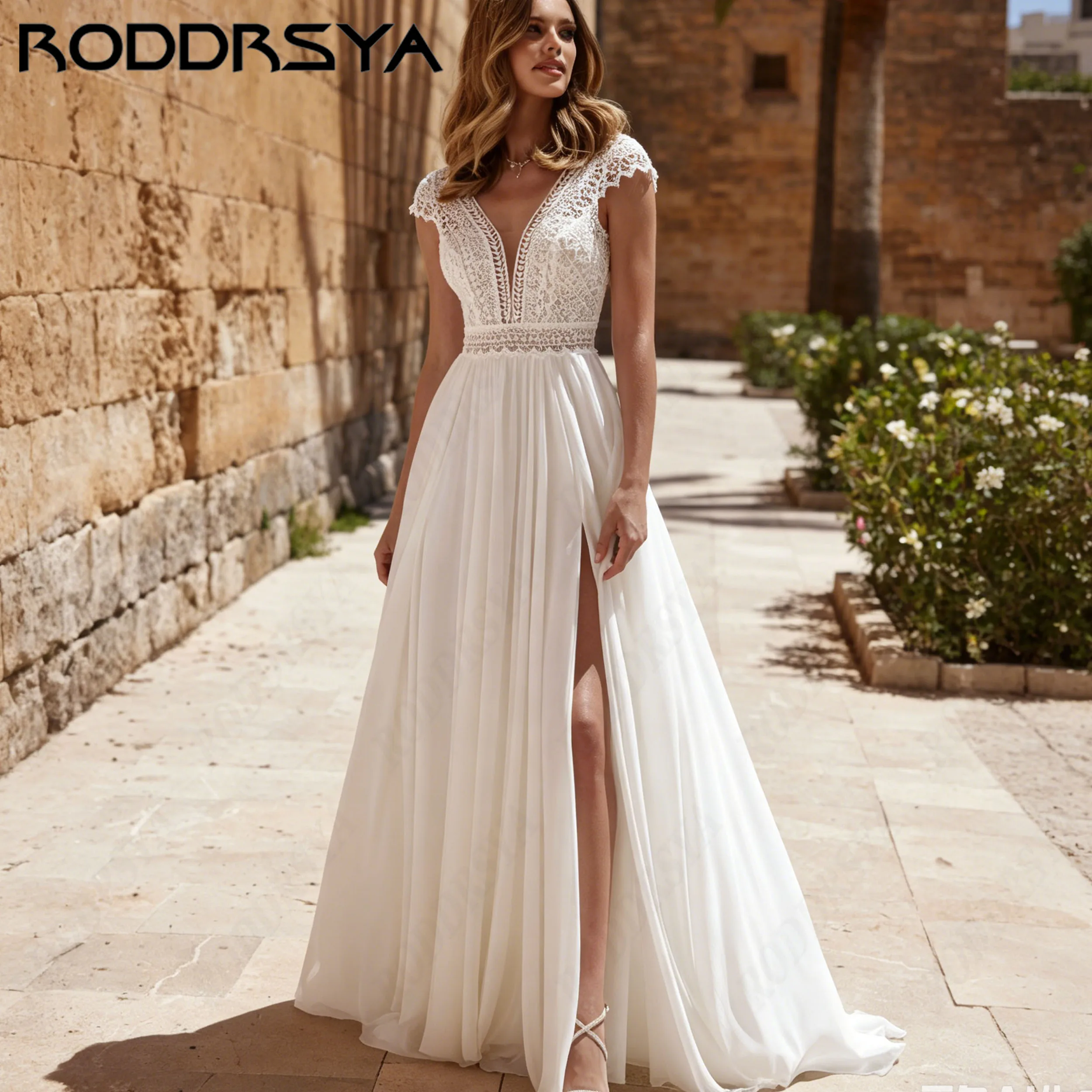 RODDRSYA Vintage Chiffon A-Line Wedding Dress Lace Cap Sleeve V-Neck Bridal Gown Backless High Split abito da sposa Personalized