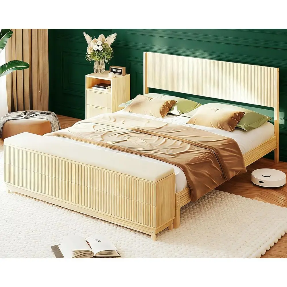 Luxe Wingback King Bed with Storage Bench, Boho Style Wooden Panel Bed, Vintage Inspired, Natural Wood Finish