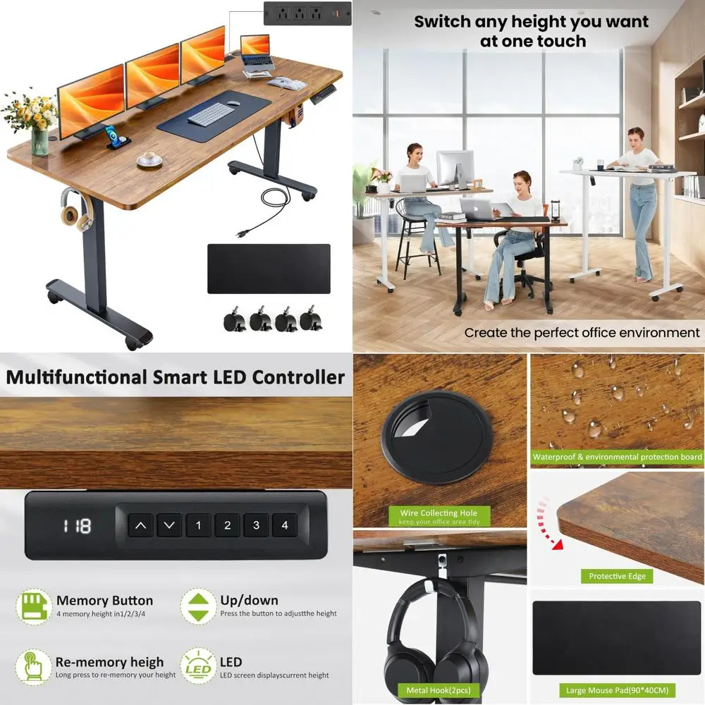 Electric Standing Desk 63 x 24 with Outlets, Rolling Desk with Oversized Mouse Pad, 2 USB Ports & 3 Power Outlets, Ergonomic Hei