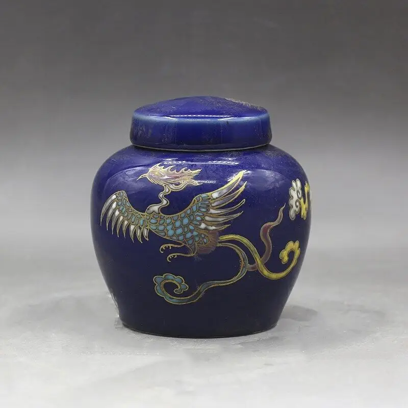 

4.5" Chinese Five Colours Porcelain Ji Blue Glaze Animal Dragon Phoenix Pot