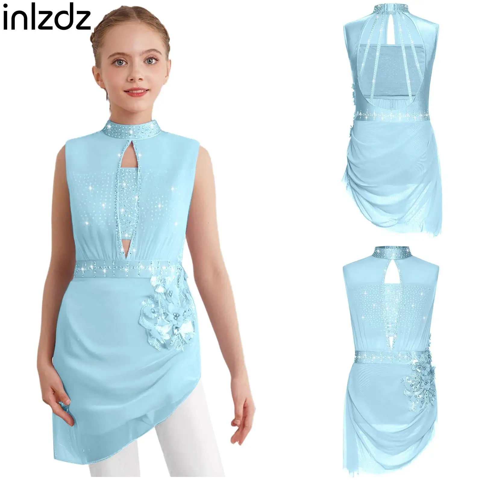 

Girls Sleeveless Backless Cutout Overlay Rhinestones Applique Dress for Lyrical Modern Figure Skating Performance Dancewear