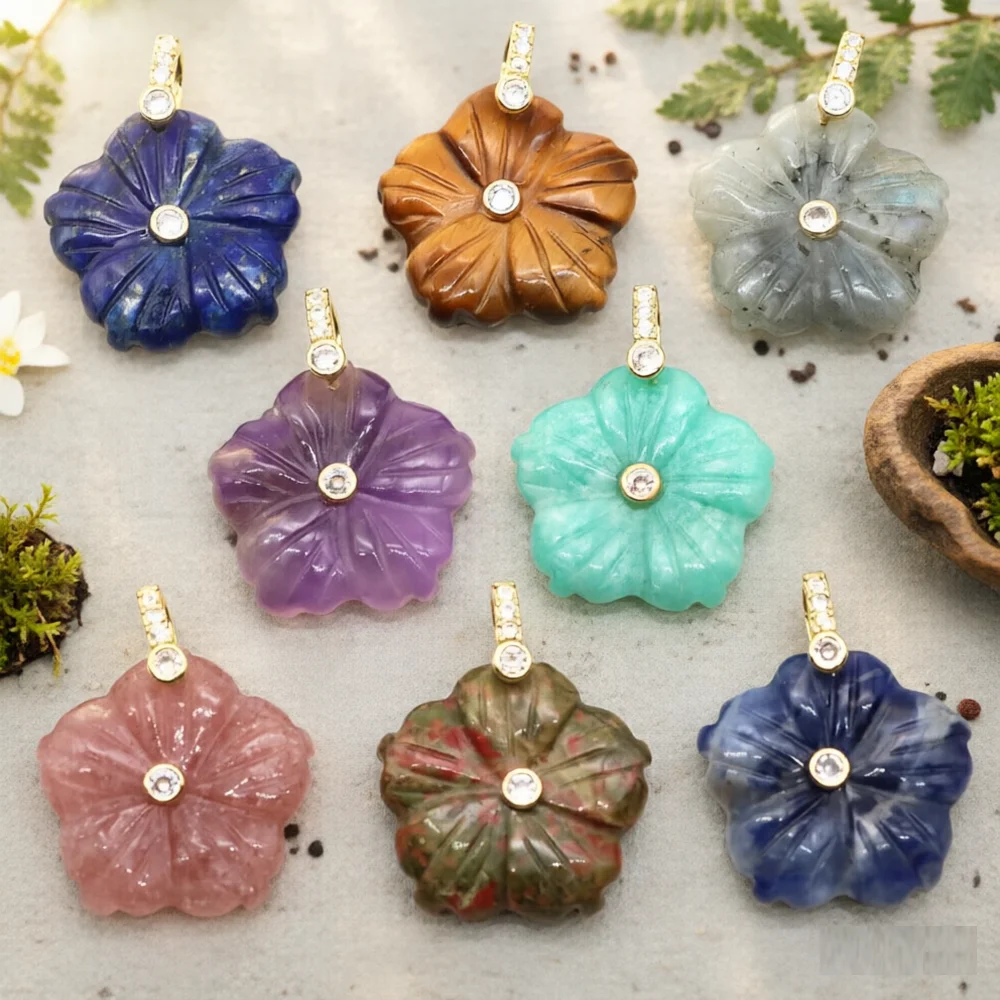 

26mm Crystal Flowers with Zircon Natural Stones Amazonite Amethyst Rose Quartz Gemstone Charms for DIY Jewelry Accessories