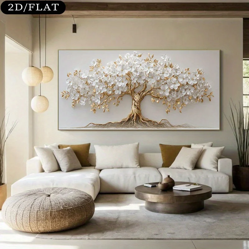 Frameless Large White Flower Nordic Tree Life Canvas Print  Beige Golden Branch Plant Wall Art Poster for Modern Living Room Hom