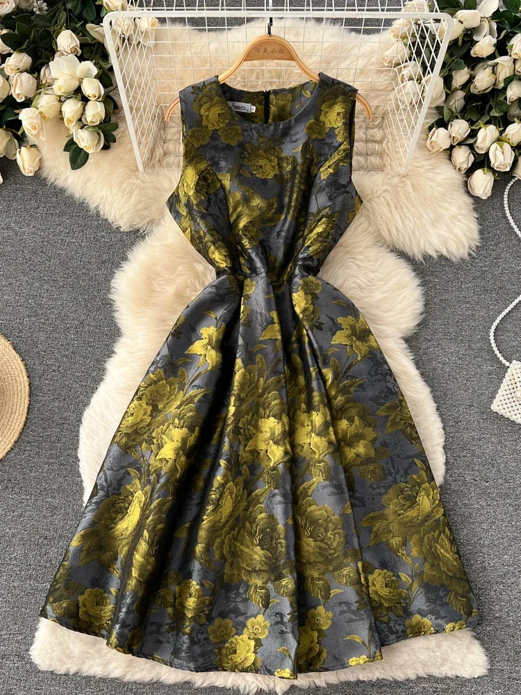 Sweet Memory Summer Vintage Printing Party Dress Women Sleeveless Floral Jacquard Pleated Elegant Dresses Ladies A-line Robe