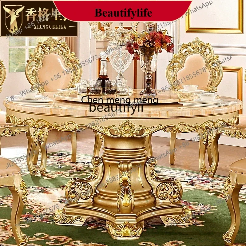 z183  European champagne gold marble round table all solid wood neoclassical solid wood American turntable dining table
