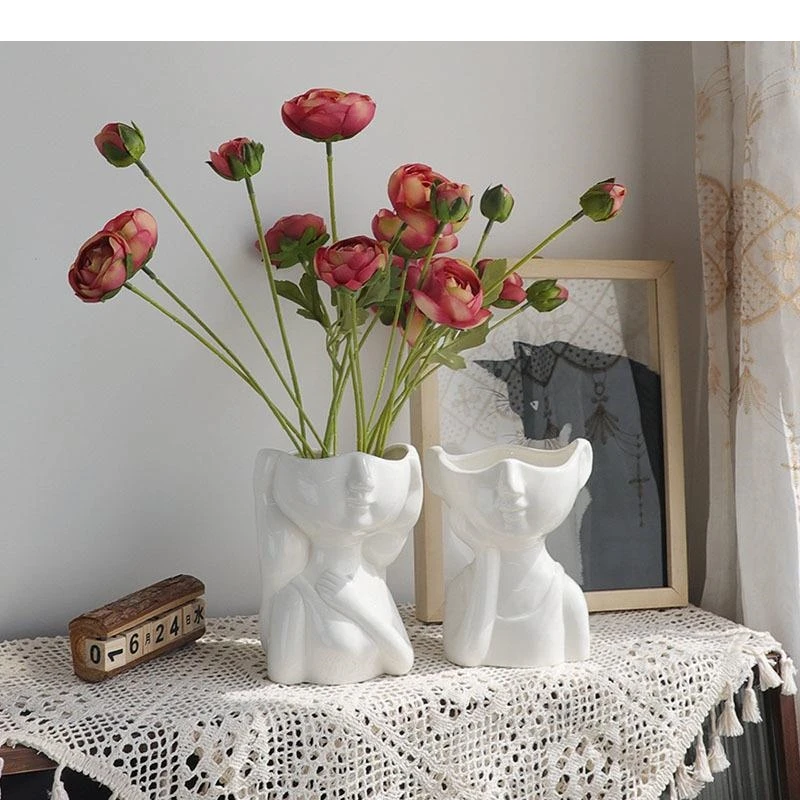Shiny Ceramic Vase Hydroponic Flower Inserts European White Porcelain Boy/girl Figures Vases Plant Pots Modern Decor