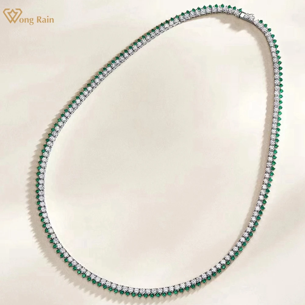 

Wong Rain 925 Sterling Silver Simulated Moissanite Emerald Gemstone Women Tennis Chain Necklace Anniversary Gift Fine Jewelry