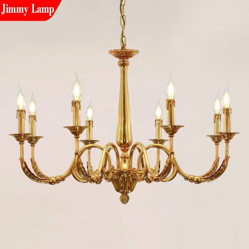 French retro simple villa chandelier living room bedroom dining candle lamps European style American light luxury all-copper lig