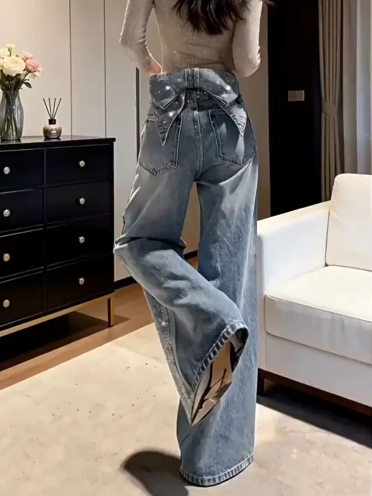 

American Style Retro Splice Denim Pants Women Summer New Fashion Detachable Knot Floor-Length Pants Natural Waist