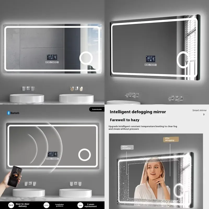 Modern Rectangular Touch - Controlled LED Display Multifunctional Bathroom Mirror