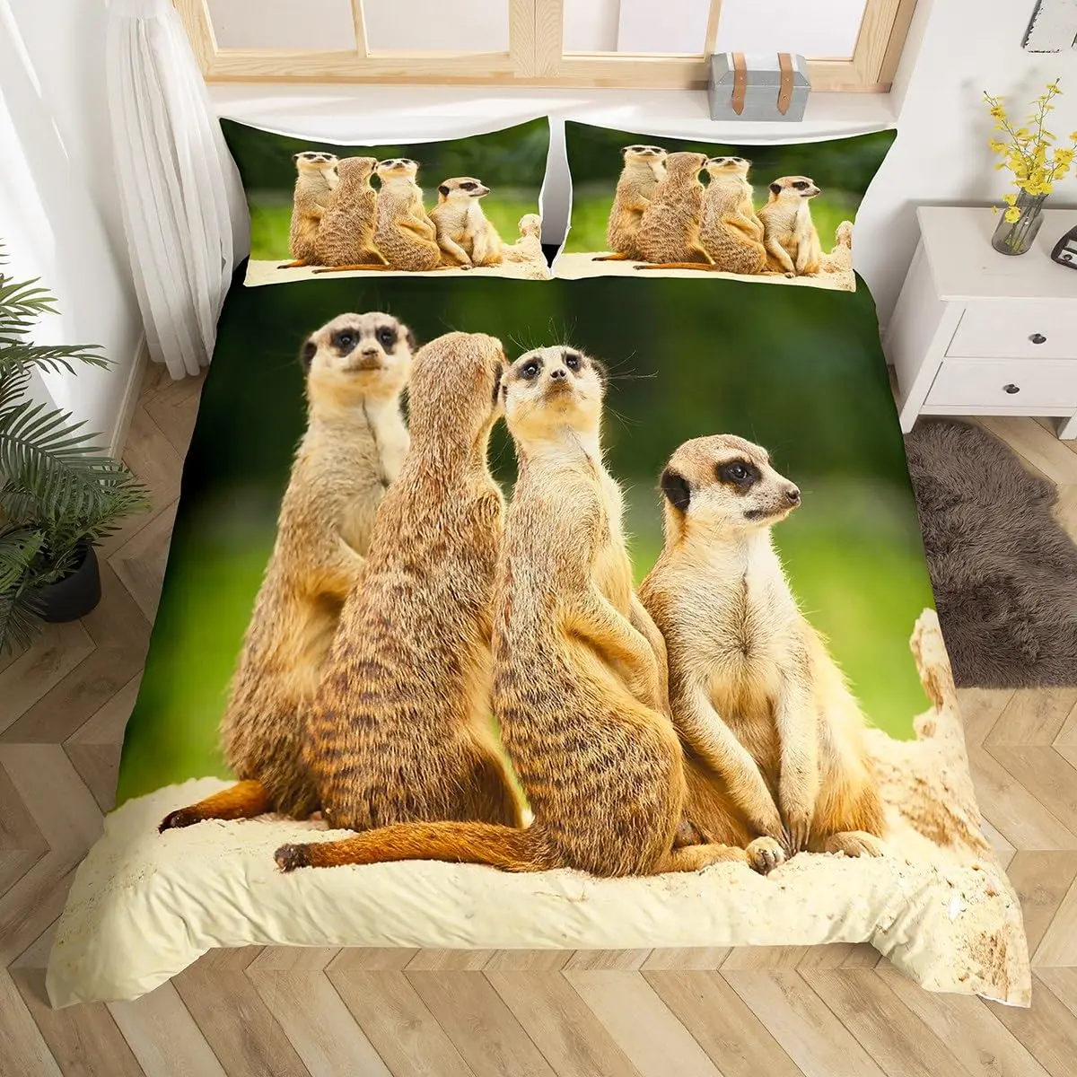 Lovely Meerkat Duvet Cover Full Woodland Animal Bedding Set,Blue Sky Comforter Cover Jungle Wildlife Quilt Cover 2 Pillowcases