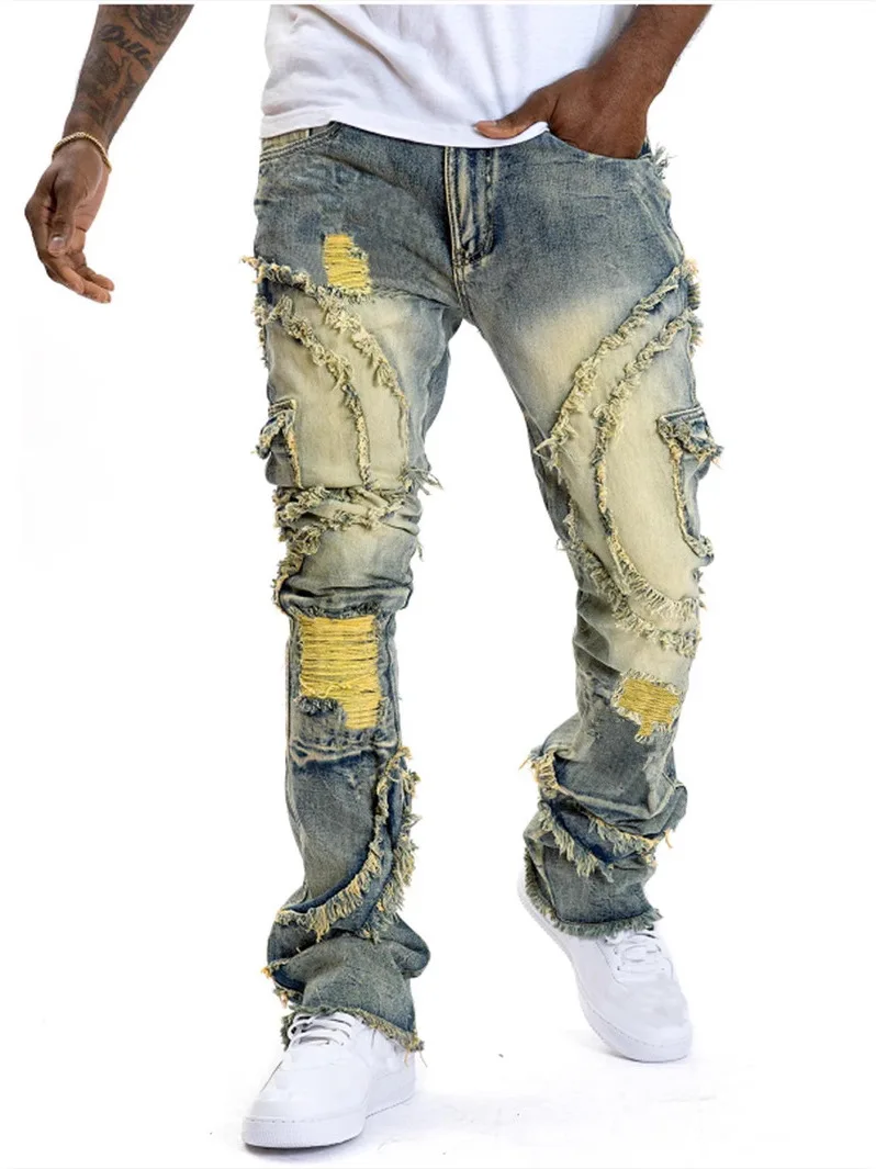 

Men's Elastic Ripped Denim Jeans High Waist Silk Screen Printed Cotton 100% mid Stretch Daily Wear 3D Effect Medium Elasticity