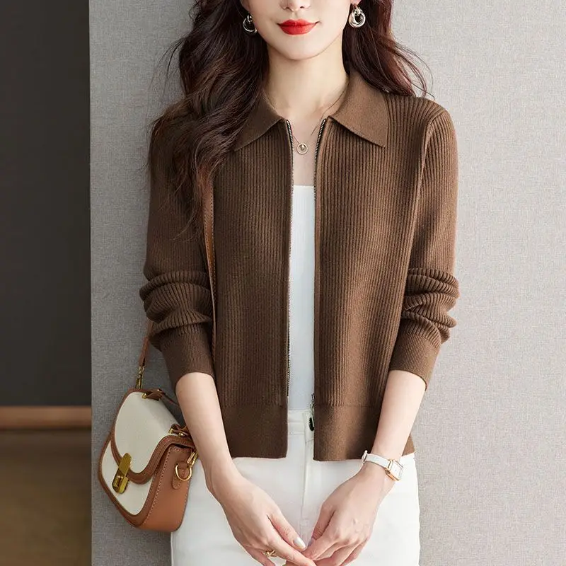 

New Lapel Collar Cardigan For Women Short Coat Fashion Zipper Spring Autumn Long Sleeve Jacket Female Knitwear Woolen Sweater
