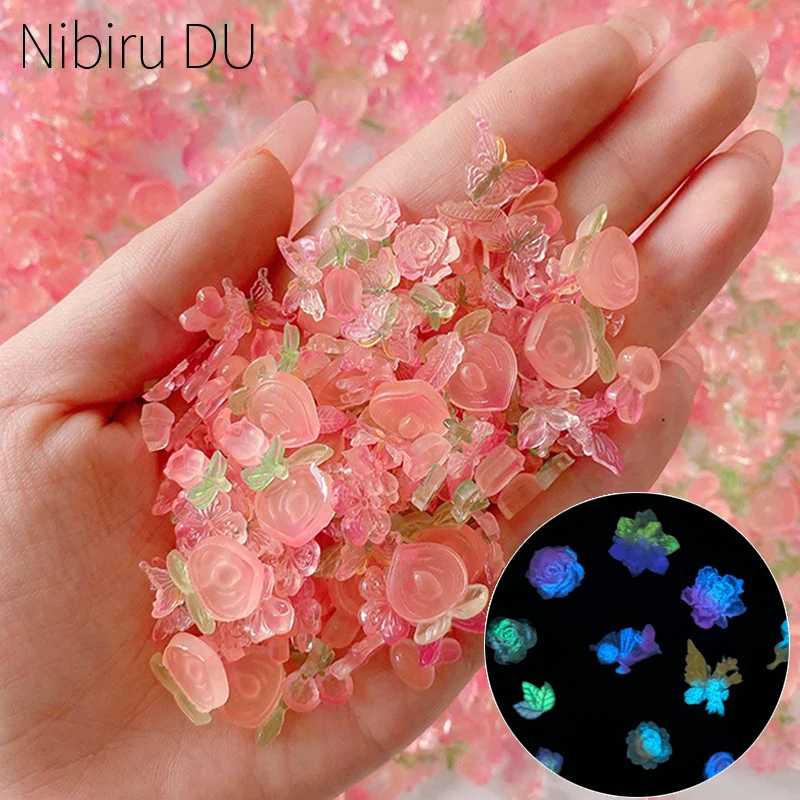

90/30PCS Flat Back Resin Nail Art Charms Luminous Heart Bow Butterfly Flower Nail Decoration Honey Peach Color Nail Art Supplies