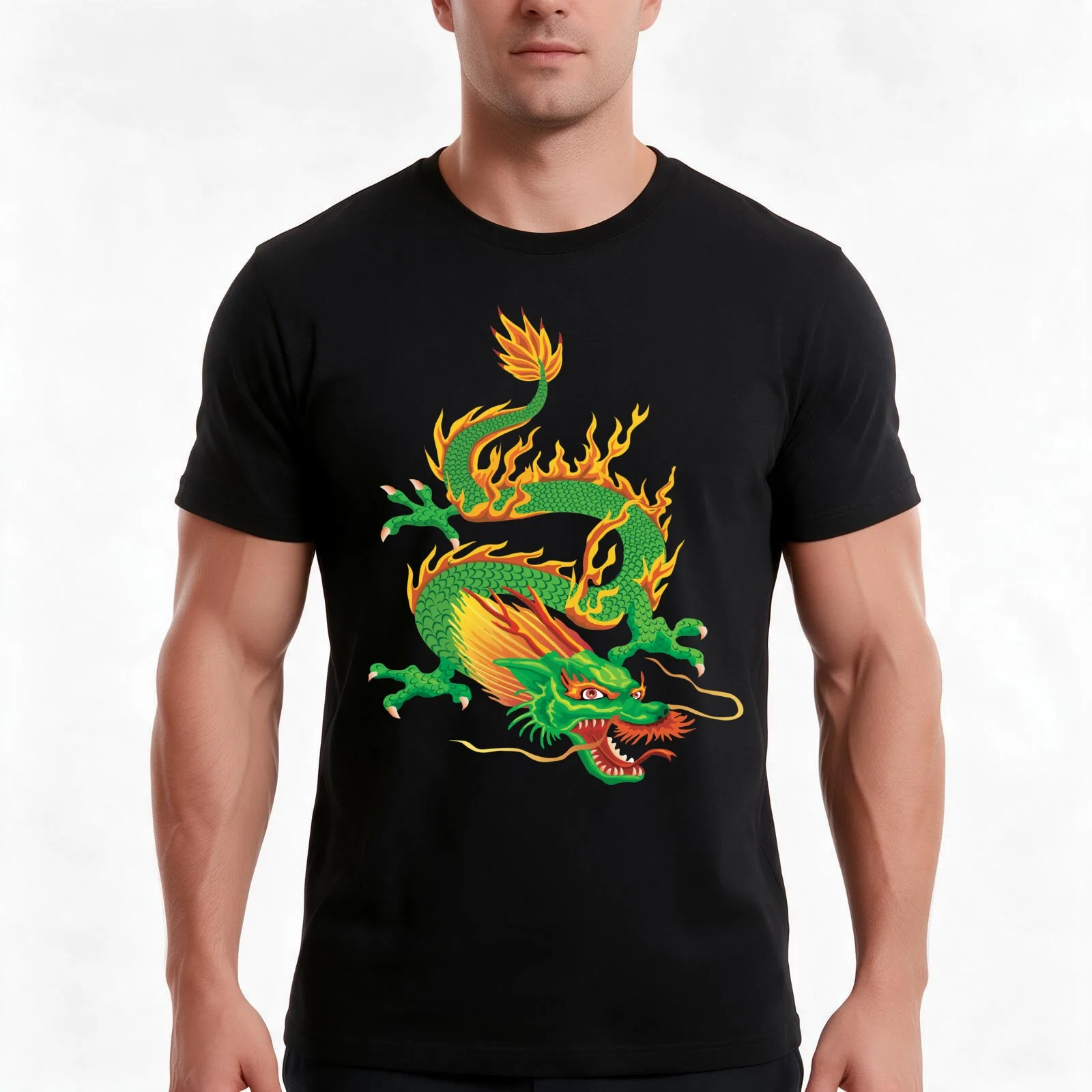 Green Oriental Dragon T-Shirt, Summer Casual Cotton Tee, Oversized Streetwear Tops, Vintage Graphic Print, Unisex Men Women