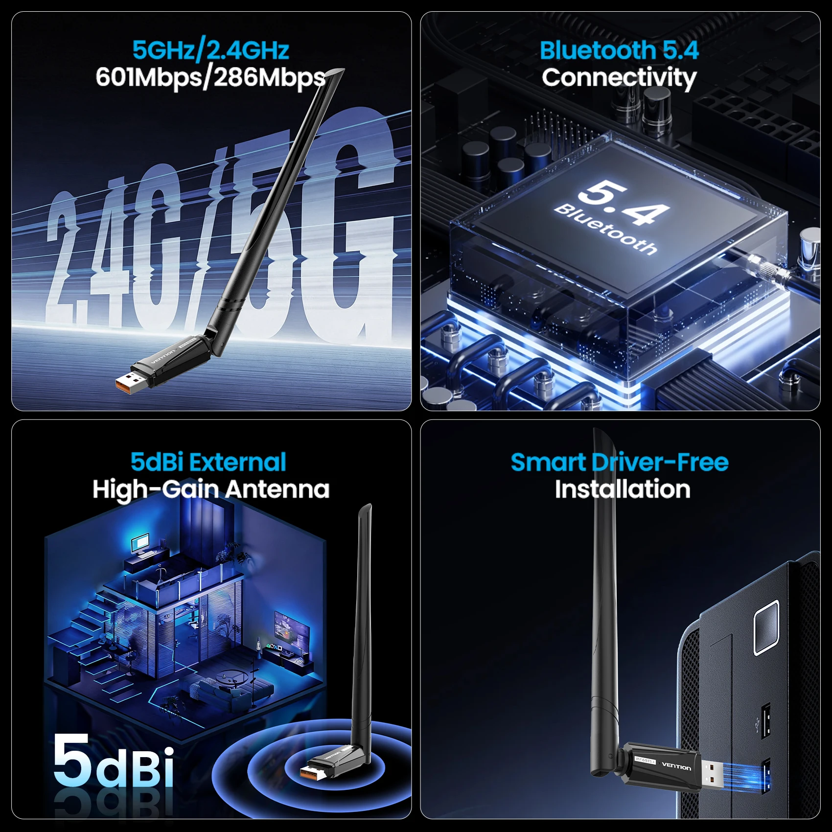Vention Wifi 6 Wireless Network Card AX900 USB Bluetooth 5.4 Adapter 5dBi Gain 5G/2.4G Ethernet Wifi Dog for Win PC Laptop 10/11