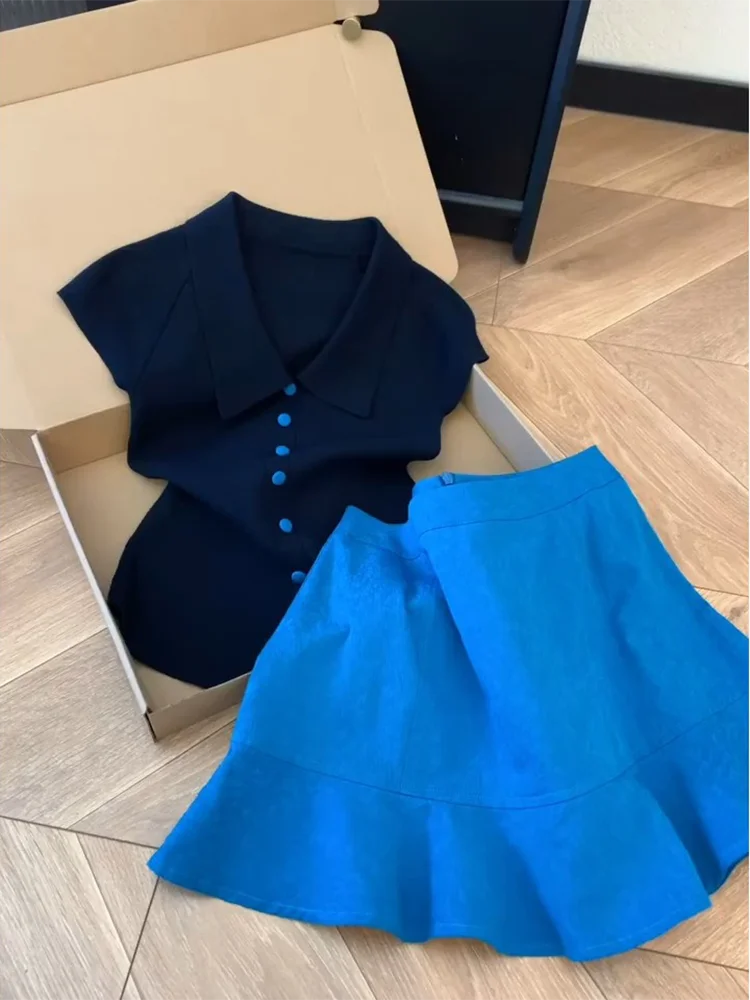 High Waist A-Line  Skirt Women's Spring Summer New Style Pure Desire Slimming Skirt with Lace Hemline in Klein Blue