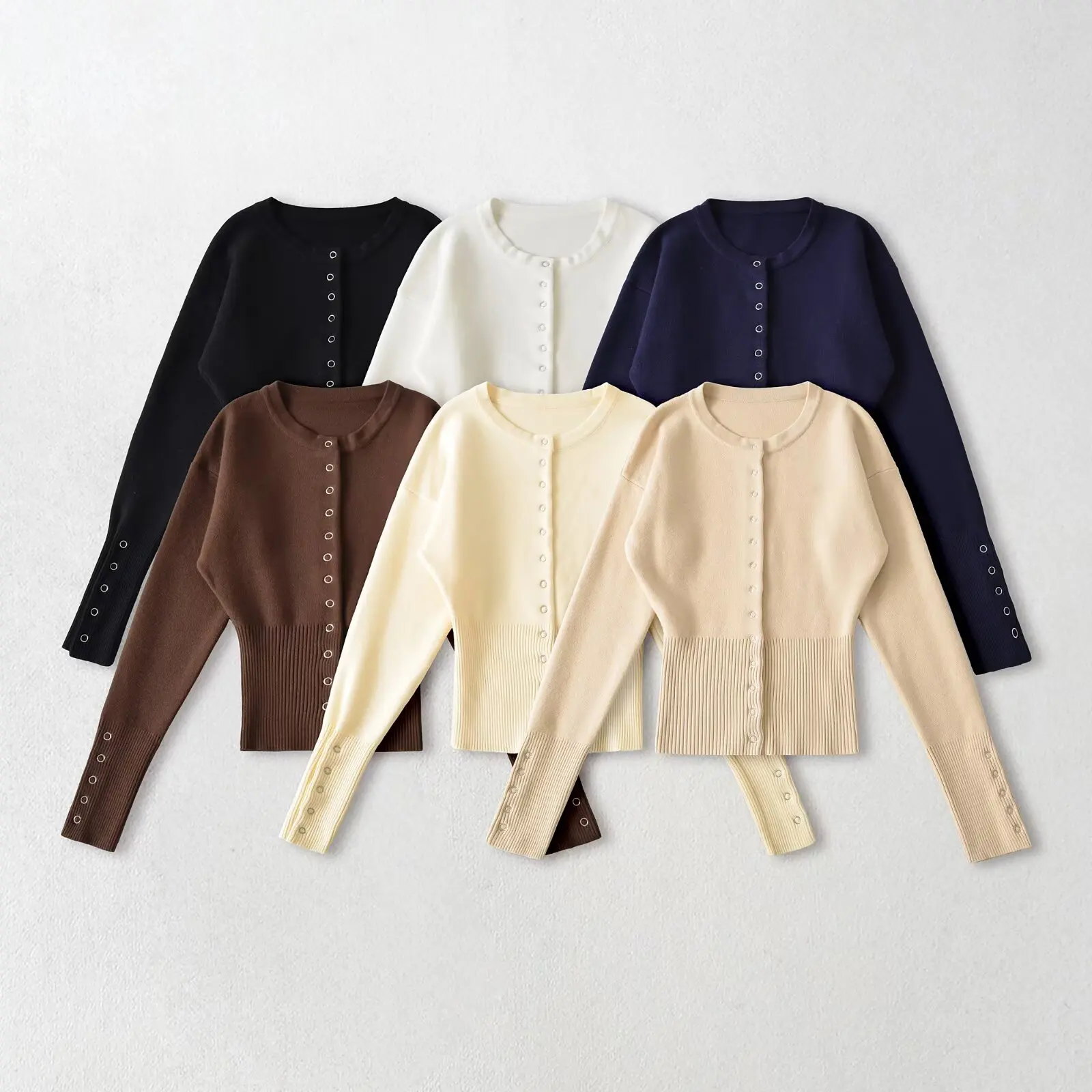 2025 الأمريكية الرجعية واحدة الصدر المغطاة زر سترة مشغولة من الصوف المرأة س الرقبة الضلع عالية الخصر سترة كم كامل تريكو