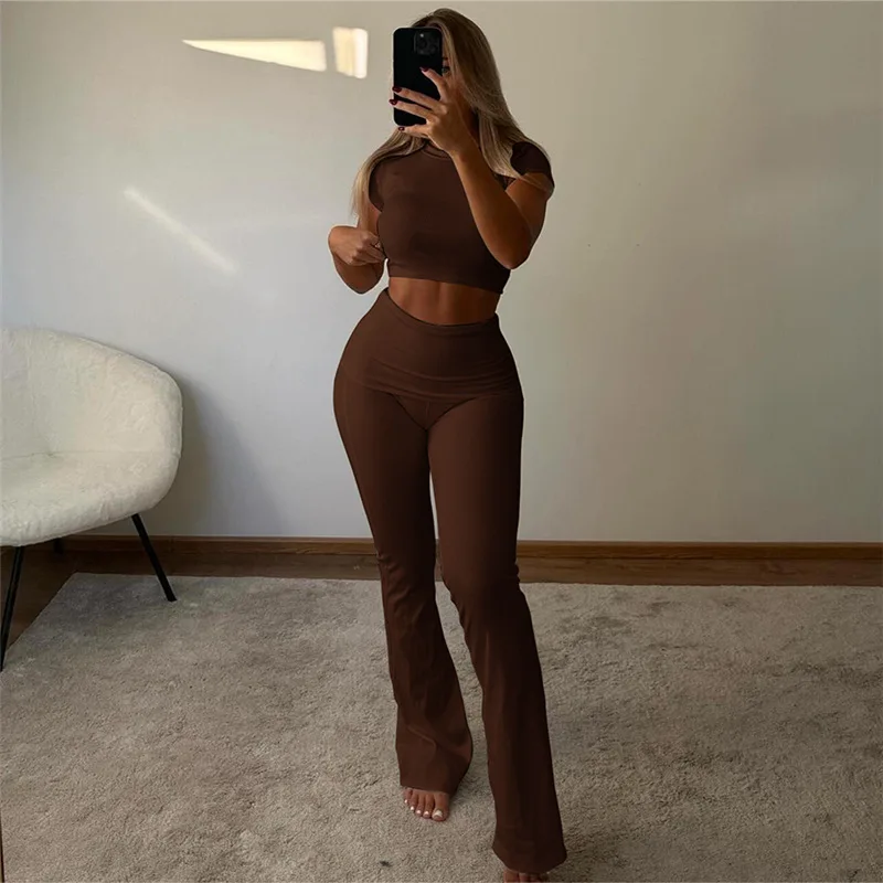 Casual Women Tracksuit 2piece Set Solid Short Sleeve Crop Tops+Flare Pants Skinny Elastic Matching Streetwear Outfits