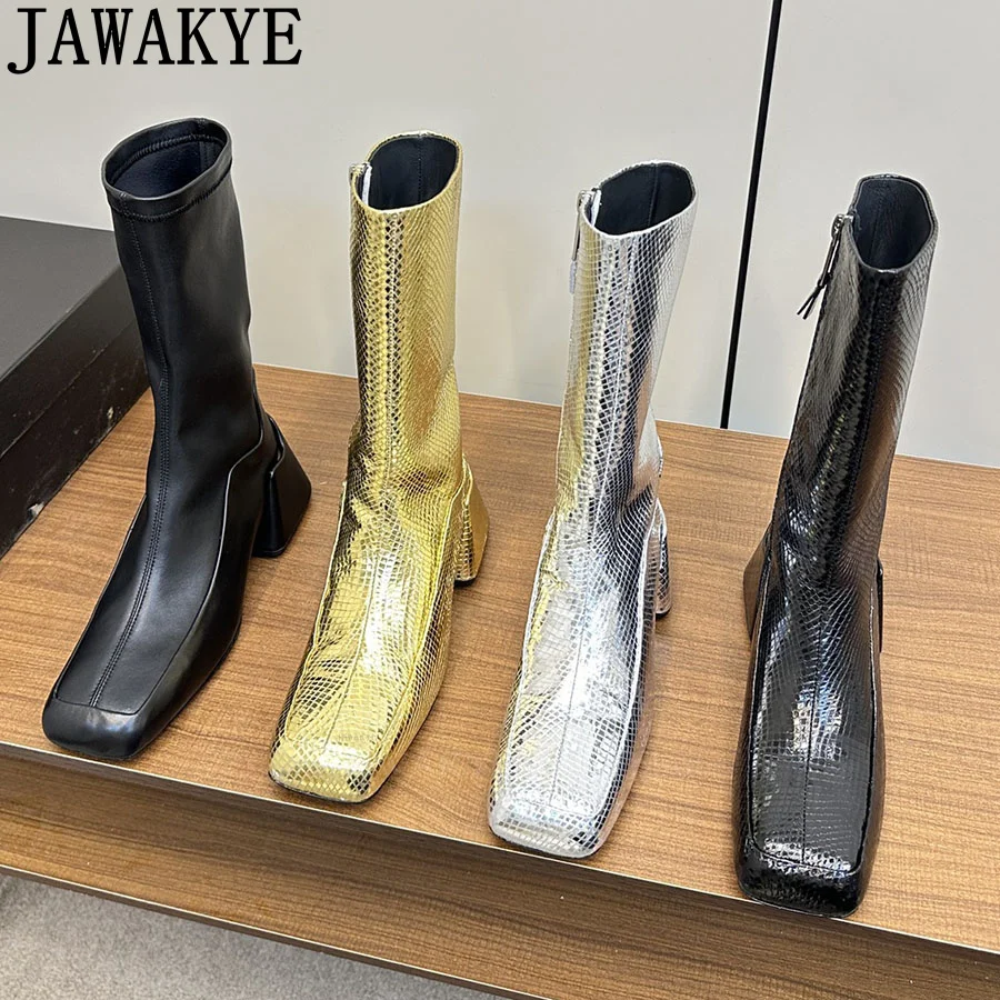 Glitter Square Toe Chunky Heel Punk Boots Women Real Leather Side Zipper Slip-On Ankle Boots Winter Runway Fashion Week Boots