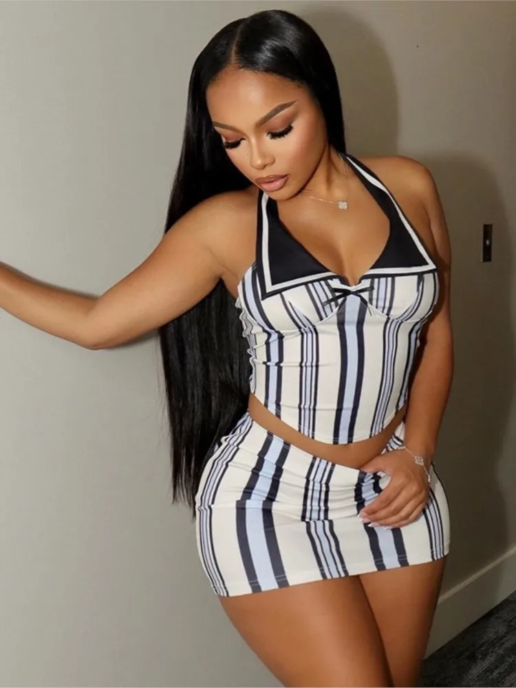 

Fashion Striped Patchwork Woman 2 Piece Set Outfit Halter Sleeveless Top And Bodycon Skirt Female Streetwear New Two Piece Sets