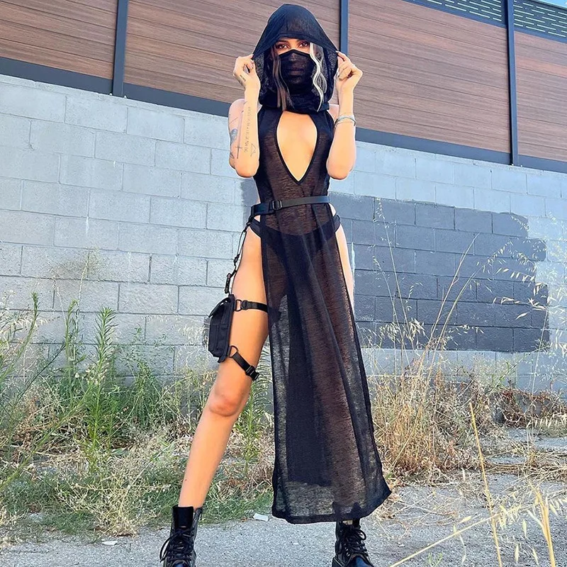 Damen Rave-Outfits Festival Sexy Maxikleid Gothic Lange Kleider Nachtparty Transparentes Mesh-Kapuzenkleid mit tiefem V-Ausschnitt und hohem Schlitz