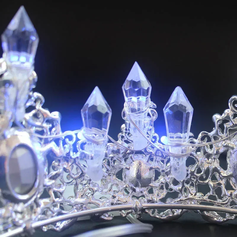 Srebrna duża tiara damska kryształowy kwiatowy nakrycie głowy Rhinestone rozświetlone korony z pałąkiem na głowę akcesoria do włosów festiwal ślubny boże narodzenie — zdjęcie 5