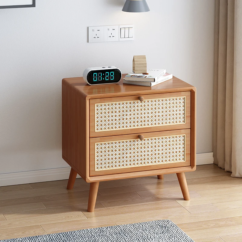 Rattan bedside table All solid wood log color famous Nordic modern simple silent wind small beech bedside cabinet